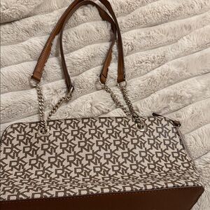 DKNY Tan and Cream Geometric Shoulder Bag